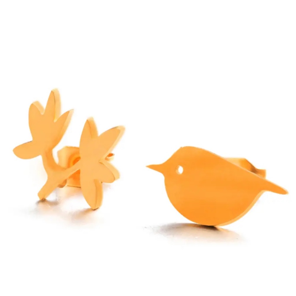 STAINLESS STEEL ♡ GOLD Branch Bird Stud Earrings - Picture 2 of 7